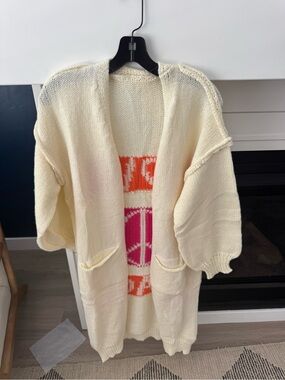 Hidden Brand Love & Peace Exposed Seam Long Maxi Knit Cardigan Off White